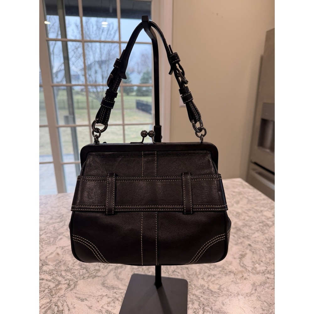 Coach Hampton Frame Bag Black Leather Kiss Lock Satchel Vintage 8A12 C05S-8A12 - Picture 2 of 8